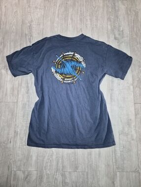 Men's Navy Graphic Tee with Blue Wave Design Large